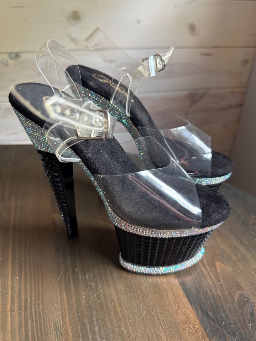 Pleaser spectator Black Silver Womens High Heels Size 8 Glitter